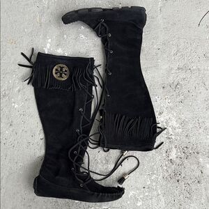 Tory Burch Walker moccasin fringe suede boots